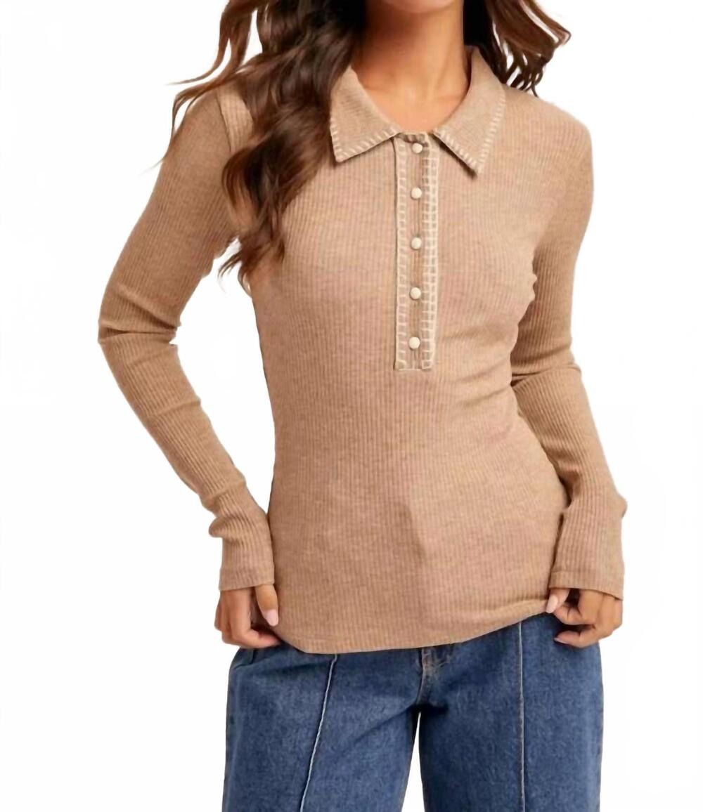 NEW HEM & THREAD stitch collar button down rib top in beige